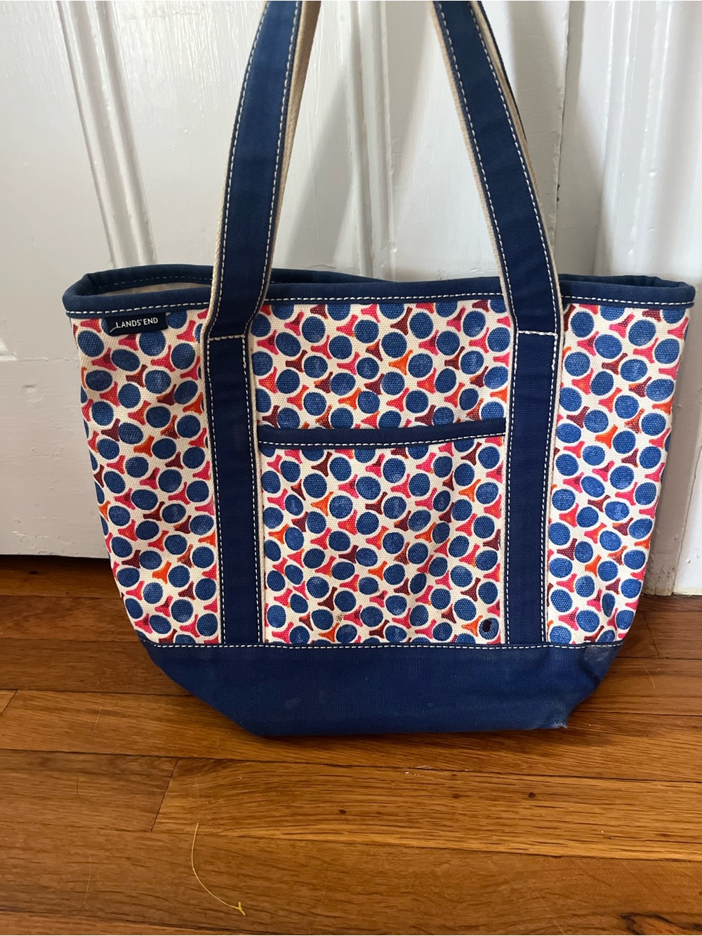 Lands' End Navy, Red & White Dot-Pattern Canvas Tote